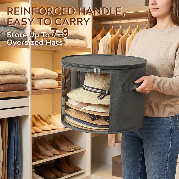 Ofiray-home 2 Pack Large Clear Hat Storage Boxes, Hold up to 7-9 Hats, Hat Organizer for Closet, Sturdy & Foldable, Hat Box with Carrying Handles for Round Brim, Wide-Brim, Cowboy, Sun Hat (Gray)