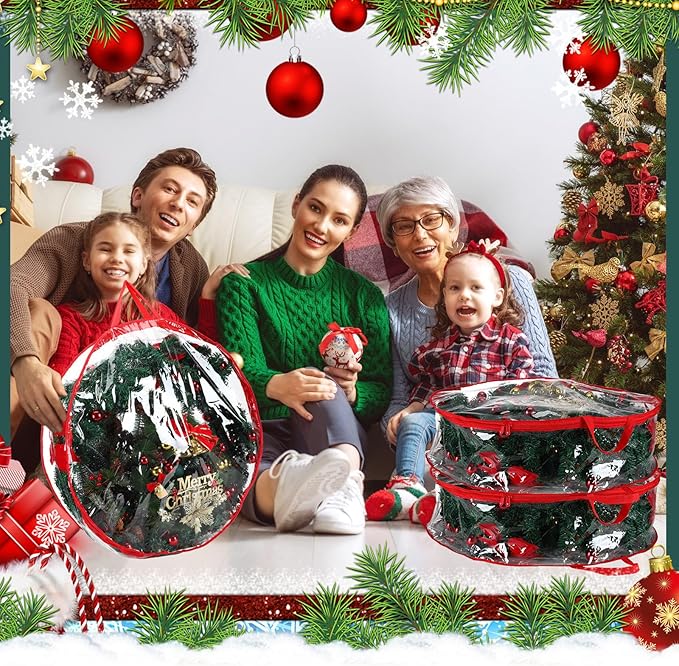 Shappy 6 Pieces Clear Christmas Wreath Storage Container 24 Inches Xmas Wreath Storage Bag Plastic Christmas Garland Container with Dual Zippers and Reinforced Handles for Xmas Seasonal (Red)