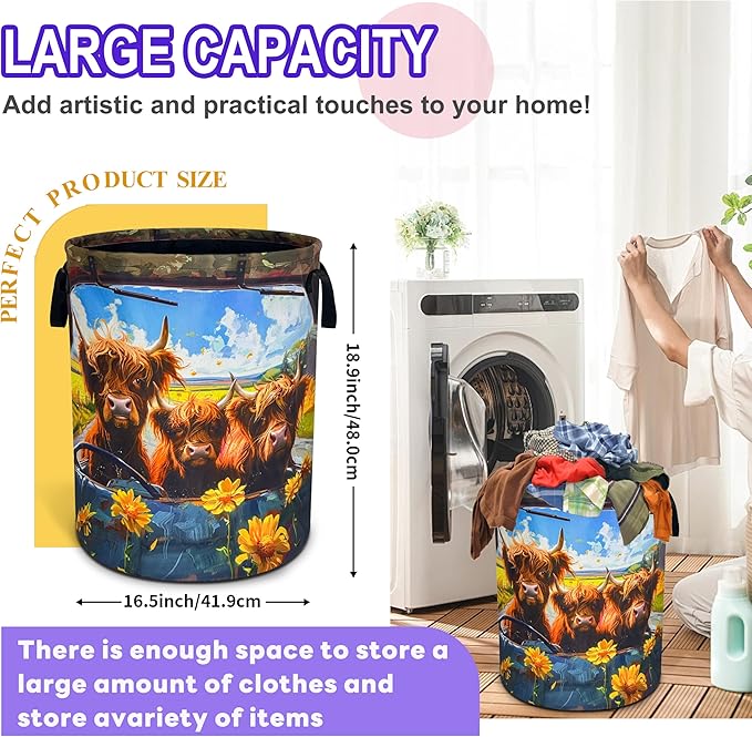 Highland Cow Laundry Basket Oxford Cloth Funny Cows Laundry Hamper With Handle Foldable Portable Clothes Storage Basket 18.9 X 16.5 In Storage Bag For Laundry Room/Bathroom/Bedroom/Dormitories