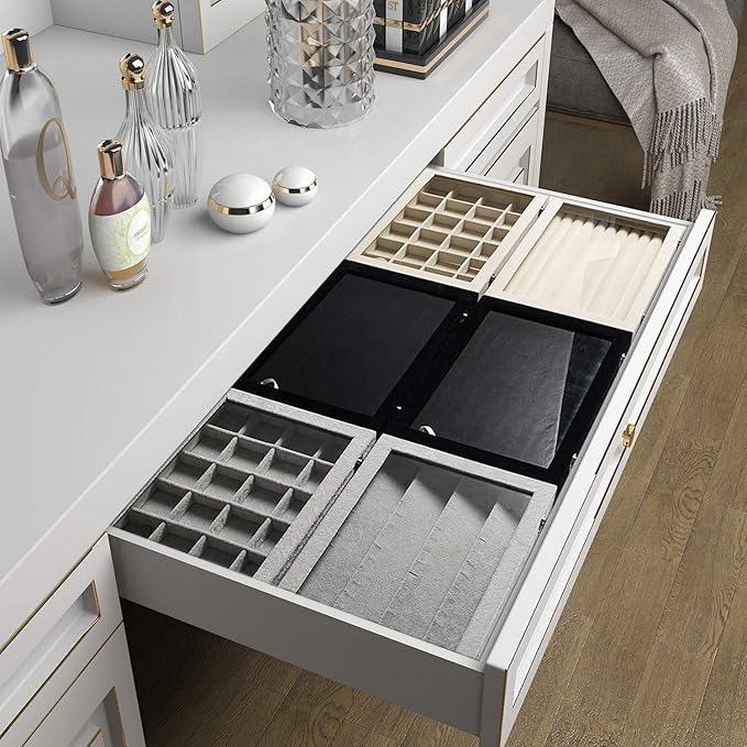 Frebeauty 24 Grid Earring Holder Organizer Tray, Jewelry Organizers and Storage for Drawer,Velvet Jewelry Display Storage for Earrings,Rings,Studs,10.5 x 6.5 x 1.2 Inches Gift for Women (Grey)