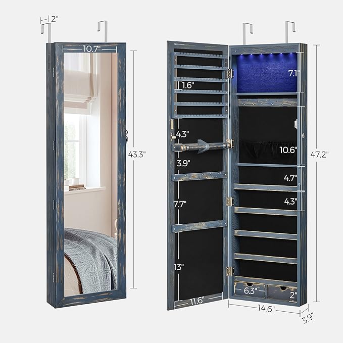 SONGMICS 6 LEDs Mirror Jewelry Cabinet, 47.2-Inch Tall Lockable Wall or Door Mounted Jewelry Armoire Organizer with Mirror, 2 Drawers, 3.9 x 14.6 x 47.2 Inches, Rustic Blue UJJC93IN