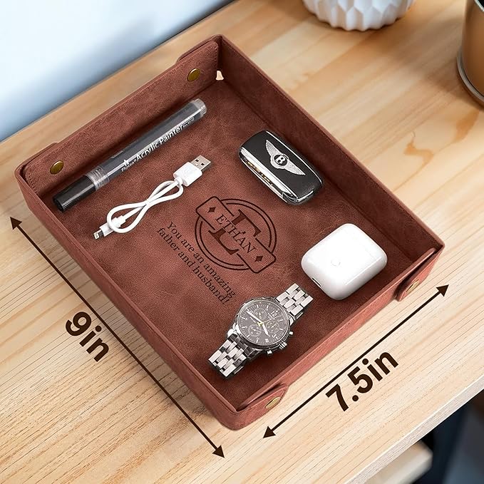 Engraved Father’s Day Leather Valet Tray – Personalized Light Coffee Catchall with Custom Name – Men’s Desk Organizer for Keys, Wallet, Watches, and Jewelry – Unique Gift from Daughter or Son