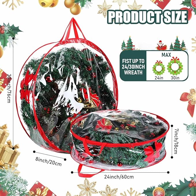 Zhengmy 4 Pack 30" 24" Wreath Storage Container Clear Christmas Wreath Storage Bags with Handle and Dual Zipper Plastic Decorative Garland Protector for Xmas Seasonal Holiday(Red)