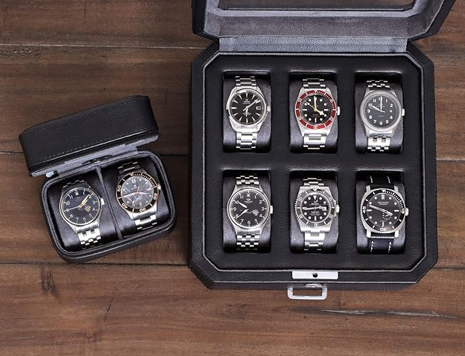 ROTHWELL Gift Set 6 Slot Leather Watch Box and 2 Watch Travel Case - Luxury Case Organizer, Microsuede Liner, Locking Mens Jewelry Watches Holder, Storage Boxes Glass Top (Black/Grey Gift Set)