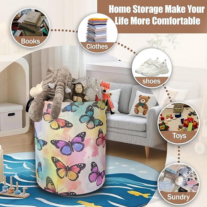 Colorful Tropical Butterflies Laundry Hamper,Watercolor Laundry Baskets,Waterproof Oxford Cloth Toy Storage for Bedroom,Bathroom,Nursery,16x20.8 Inch