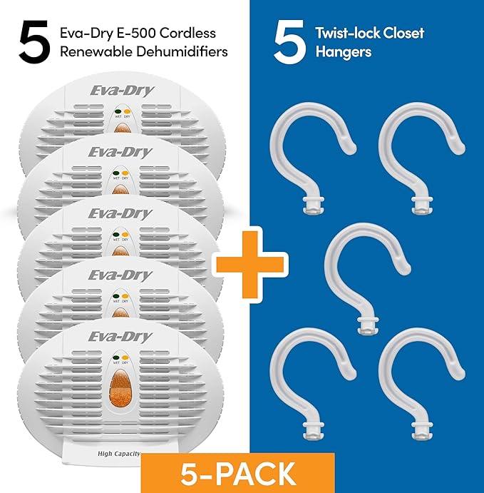 Eva-Dry E-500 Renewable dehumidifier, Pack of 5, white, perfect for closets, bathrooms, safes, boats, and RVs