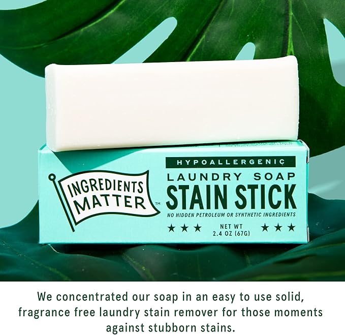 Ingredients Matter Stain Stick - Stain Remover Stick Made from Laundry Soap - HE/Hypoallergenic Stain Remover - Natural, Detergent Free, Planet-Friendly - Made in the USA - 2.4oz