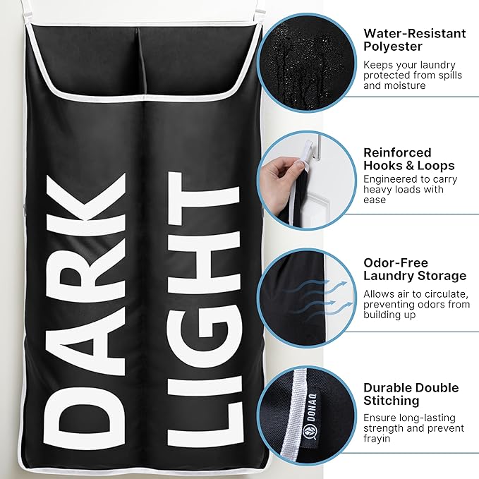 Hanging Laundry Hamper Bag XL, Space Saving over the Door Storage Bags, Behind the Door Hampers for Dirty Clothes & Wall Mounted Basket for Bathroom (Black, Double Compartment)