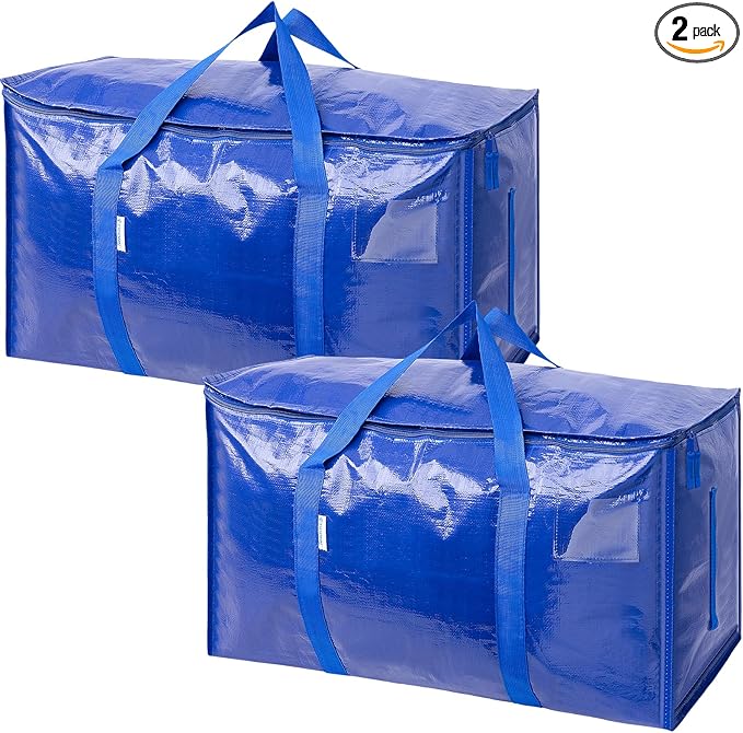 TICONN 2 Pack Extra Large Moving Bags with Zippers & Carrying Handles, Heavy-Duty Storage Tote Moving Boxes for Space Saving (2 PK, 18 Gallon)