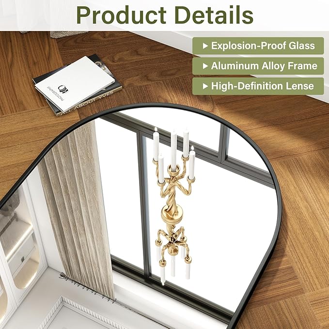 32"x48" Arched Bathroom Mirror with Aluminum Frame Arched Wall Mounted Vanity Mirror for Entryway, Bedroom, Living Room, Black
