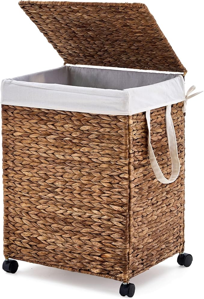 Laundry Hamper with Lid, Large Capacity Woven Natural Water Hyacinth Laundry Sorter with Removable Liners, Rolling or Non-Slip Design for Bedroom (Espresso, 100L)