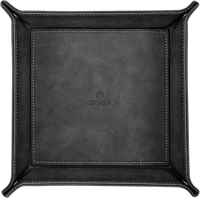 SITHON Valet Tray Desktop Storage Organizer – Premium PU Leather Catchall Bedside Vanity Tray Nightstand Caddy Holder for Remote Controller, Keys, Phone, Wallet, Coin, Jewelry, Black