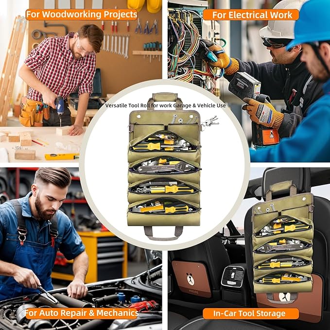 Roll Up Tool Bag-Tool Roll Organizer Heavy Duty Portable Tool Roll Bag for Mechanic Handyman Electrician Motorcycle Tools, Durable Tool Storage Gift for Men, Dad Birthday Gift