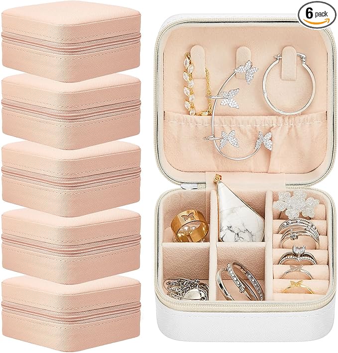 Taiyin 6 Pcs Travel Jewelry Case, Valentines Day Gifts for Her- Small Jewelry Organizer Box Bridesmaid Gifts for Women Girls (White,Pink)