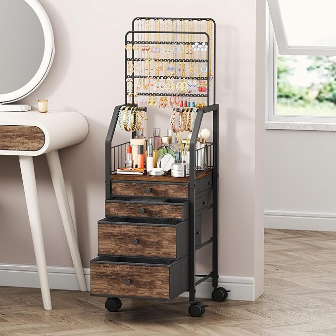 SWTYMIKI Large Jewelry Organizer Stand - Multifunctional Rack Tower for Necklace, Earring, Ring & Bracelet Display - Moveable Storage Jewelry Holder Stand with 4 Nonwoven Drawers for Bedroom Espresso