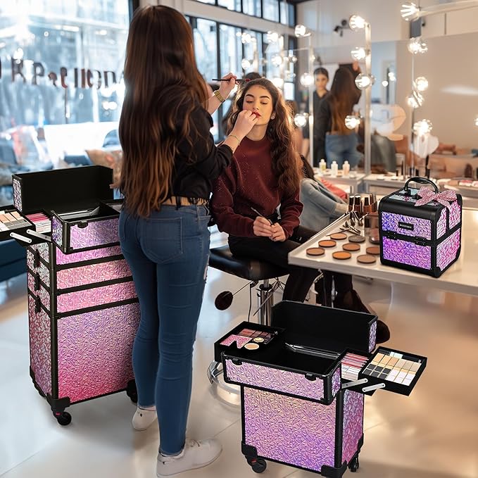 BYOOTIQUE Rolling Cosmetology Case on Wheels 3-Piece Lockable Makeup Organizer Kit Nail Tech Storage Cart Hair Tool Travel Bag for Lash Artist Nail Slon Beauty Hairstylist,Mermaid Pink