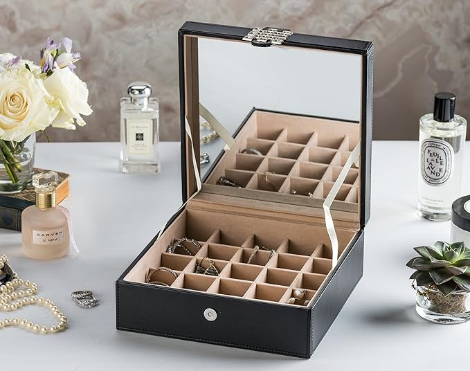 Glenor Co Earring Organizer - Classic 50 Section Jewelry Box/Case/Holder for Earrings, Rings, Necklaces, Jewelry, Cufflinks or Collections -2 Layer Small Compartments with Large Mirror - Black