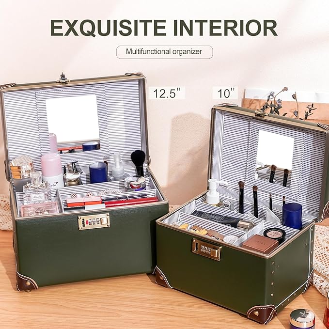 urecity Vintage Makeup Train Case with Metal Combination Lock, Green Artificial Leather, Professional Cosmetic Organizer Storage Box with Striped Interior