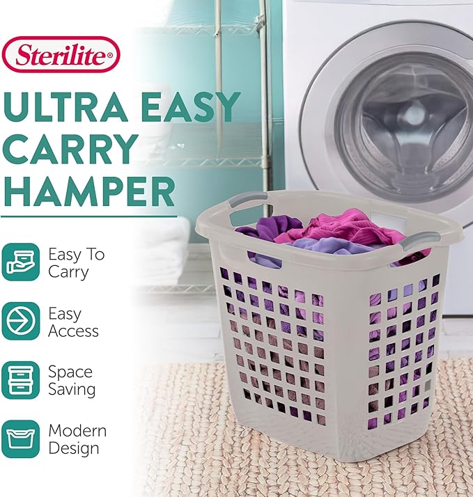Sterilite 4-Pack Ultra Easy Carry Laundry Basket, Plastic Clothes Hamper Bin w/Comfort Grip Handles & Reinforced Rim, 2.1 Bushel Capacity, Grey Pumice