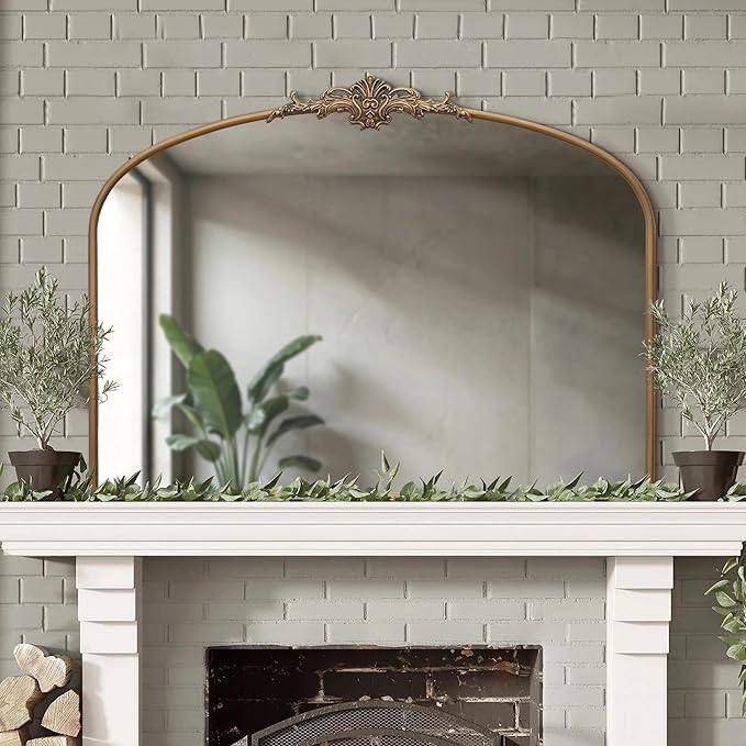 Besdomus Vintage Arched Gold Mirror: 40"x29" Large Matt Gold Antique Wall Mounted Mirror - Baroque Traditional Ornate for Entryway/Fireplace/Bathroom/Hallway - Home Decor for Fashion-Conscious