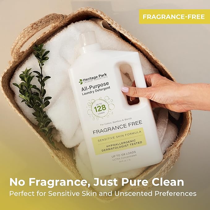Heritage Park Luxury Laundry Detergent | Dermatologist Tested Plant based Natural & Enzyme Laundry Detergent | Sensitive Skin Friendly - Fragrance Free (64 fl oz)
