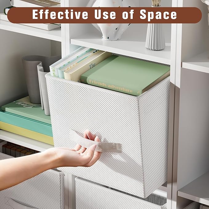 Fabric Storage Bins, Foldable Storage Cubes Baskets with Handle for Organizing, Collapsible Bins Cube Organizer Baskets for Closet, Shelves, Clothes, Towel (White, 3 Pack)