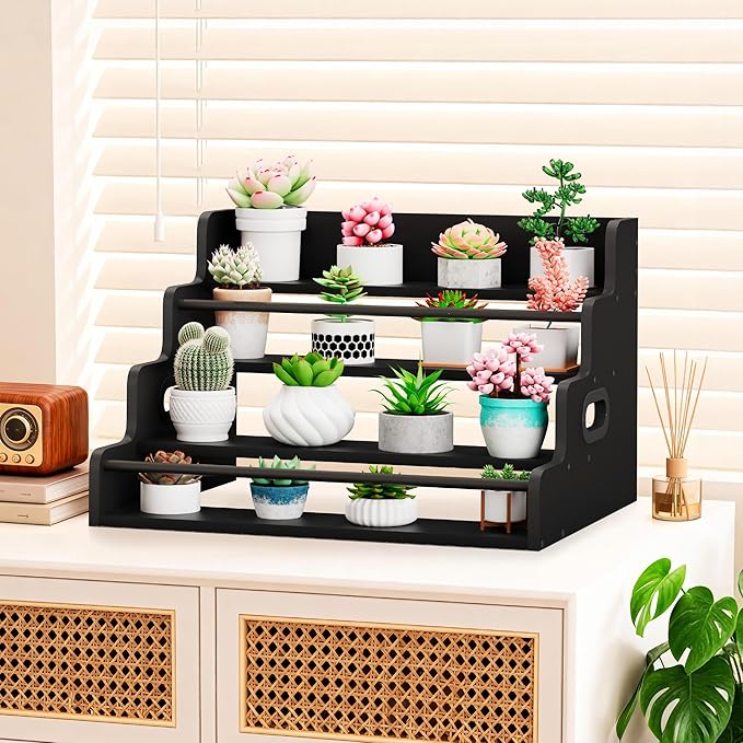 19.6”W x 15.74" D x 12.5" H Inches Versatile 4-Step Coffee Syrup & Water Bottle Organizer Rack Multi-Functional Retro Display Shelf for Kitchen or Bar, Holds Liquor & Spirits, Black