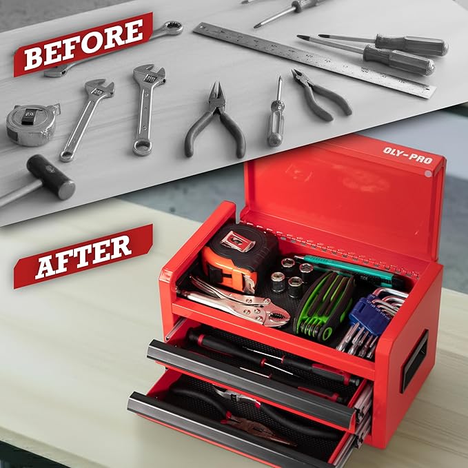 Mini Toolbox with 2 Drawers and Top Storage, Durable Steel Construction with Ball-Bearing Slides, Multi-Purpose Portable Tool Boxes Case Organizer for Garage, Red