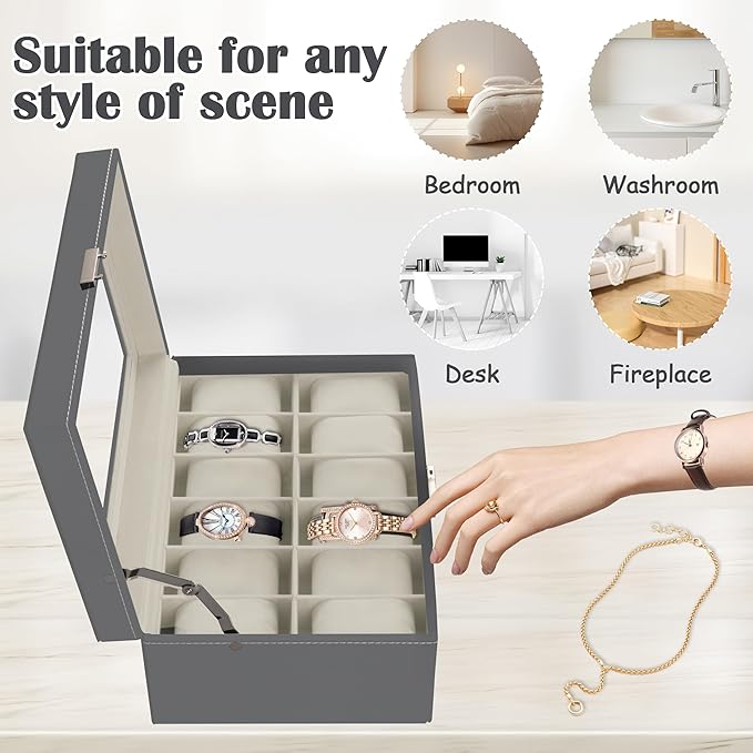 Ogrmar 12 Slot PU Leather Lockable Watch Storage Boxes, Men & Women Jewelry Display Drawer Case, 2-tier Organizer Watch Showcase with Glass Lid (Grey)