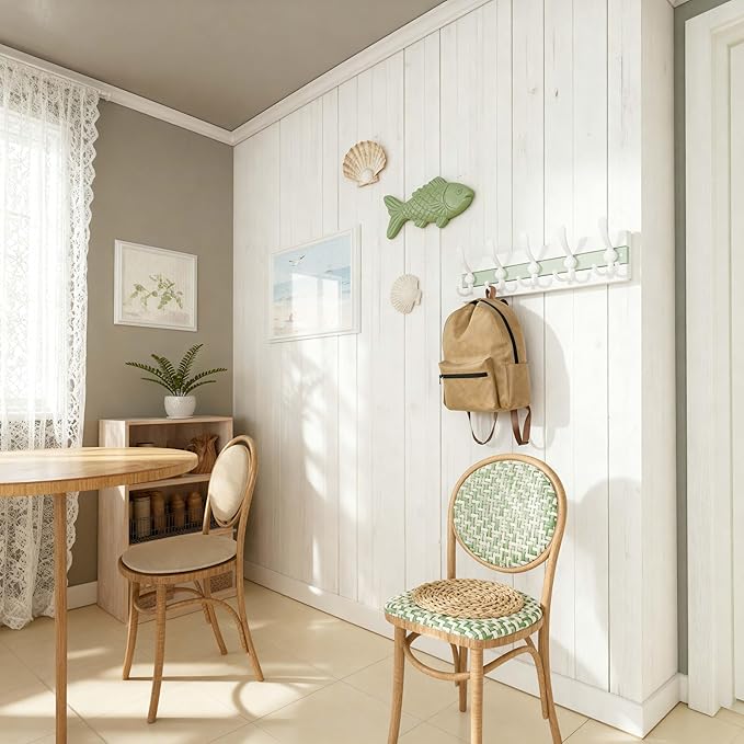 SKOLOO Coastal Wall Mounted Coat Rack - 16-7/8" Beach House Entryway Wooden Coat Hook with 5 Hooks for Hanging Coats, Hats or Towels, Oceanfront Cottage Core Collection, White & Green, Pack of 2