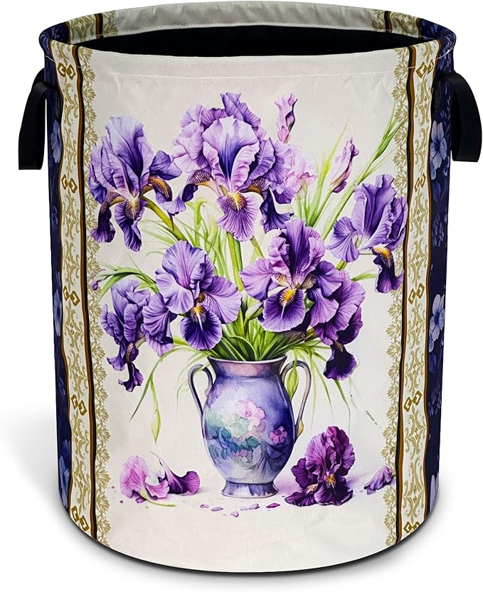 Iris Flower Laundry Basket Purple Floral Oxford Cloth Laundry Hamper Funny With Handle Foldable Portable Clothes Storage Basket 18.9 X 16.5 In Storage Bag For Laundry Room/Bathroom/Bedroom/Dormitories