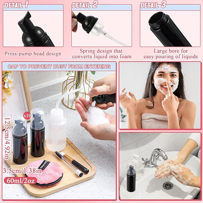 60 Pcs Lash Shampoo Brushes Set 10 Lash Shampoo Brushes 10 Mascara Tubes and Wands 10 Foam Pump Bottle 10 Cleaning Rinse Bottles 10 Makeup Remover Pad 10 Aftercare Drawstring Bag(Black)