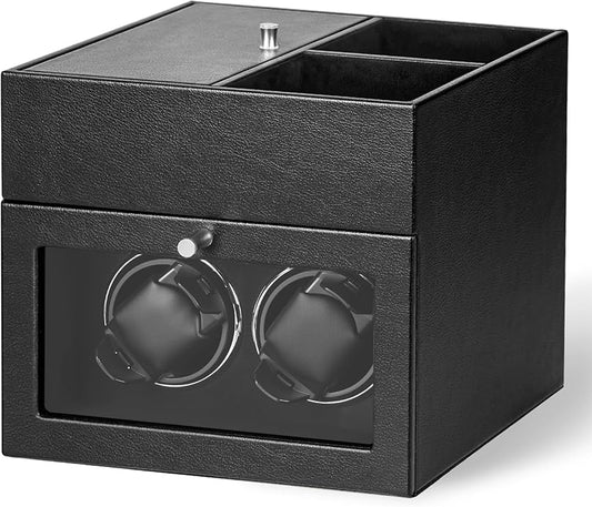 LLS Automatic Double Watch Winder with Storage Box, Japanese Quiet Motor, Adjustable Watch Pillows, Black PU Leather