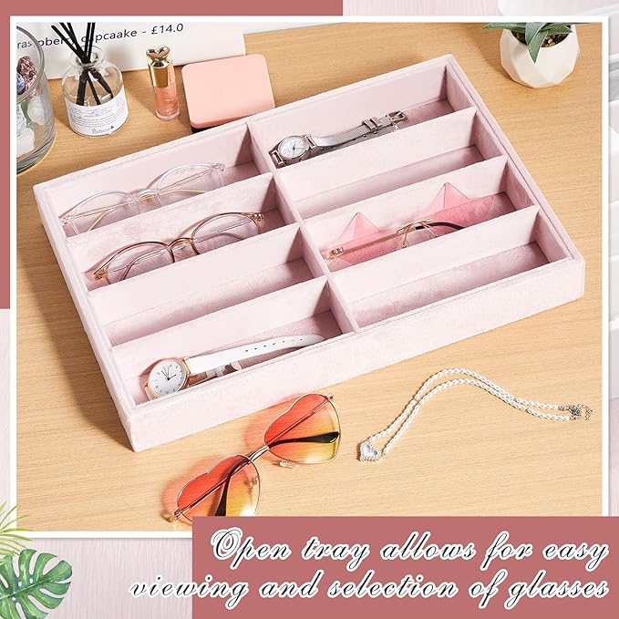 Amylove 2 Pcs Sunglass Organizer Trays Glasses Stackable Jewelry Trays Sunglass Organizer Display Box(8 Grids,Pink)