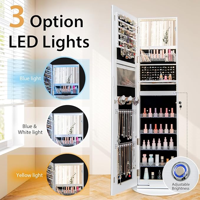 GOFLAME 360° Swivel Jewelry Cabinet Armoire with Full Length Mirror, Standing Jewelry Storage Organizer with Rear Storage Shelves, 3-Color LED Lights, Foldable Shelf, Interior Mirror, White