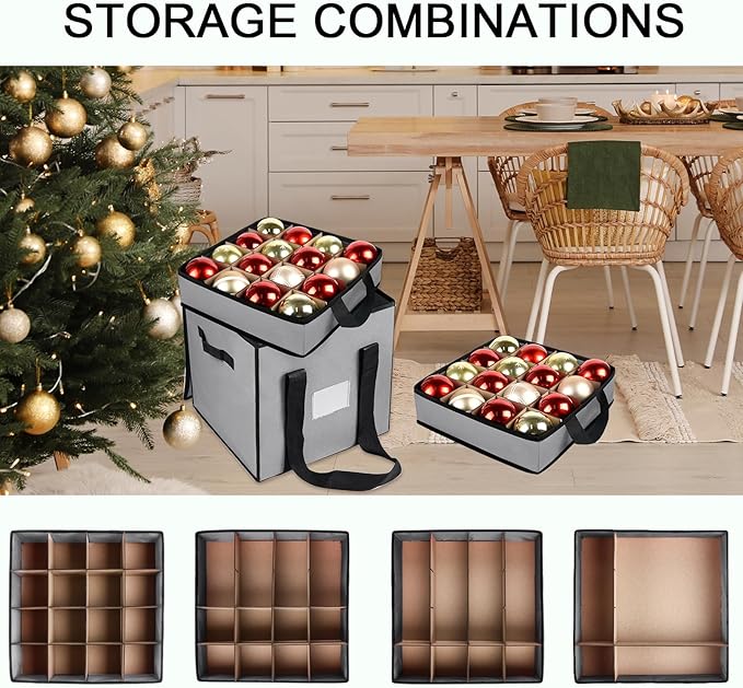 Christmas Ornament Storage Box with Dividers, Christmas Balls Storage Containers with Zipper & 4 Removable Trays - Holds Up to 64 Balls - 600D Oxford Christmas Decoration Storage Organizer (Gray)