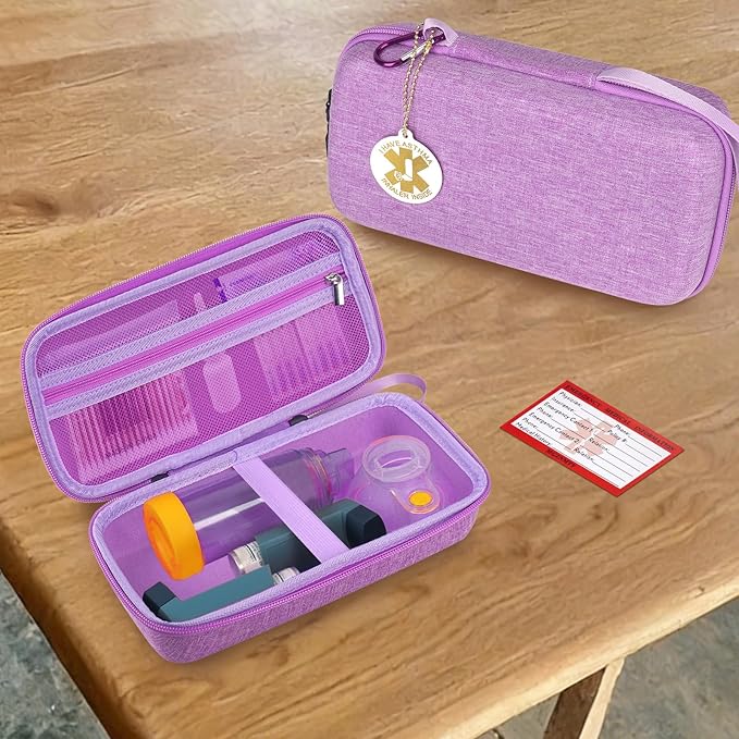 MGZNMTY Travel Carrying Case Compatible with Asthma Inhaler Spacer for Adults and Children, Masks, Inhaler Holder with Asthma Alert Tag and Medical Card, Carabiner (Only Case) (Purple)
