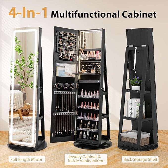 GOFLAME 360° Swivel Jewelry Cabinet Armoire with Full Length Mirror, Standing Jewelry Storage Organizer with Rear Storage Shelves, 3-Color LED Lights, Foldable Shelf, Interior Mirror, Black