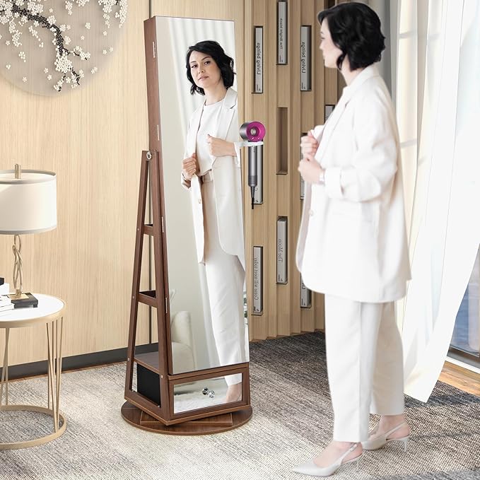 GOFLAME 360 Rotating Jewelry Cabinet with Full Length Mirror, Standing LED Jewelry Armoire, Lockable Organizer with Hair Dryer Rack, Back Storage Shelves, Inner Makeup Mirror, Walnut