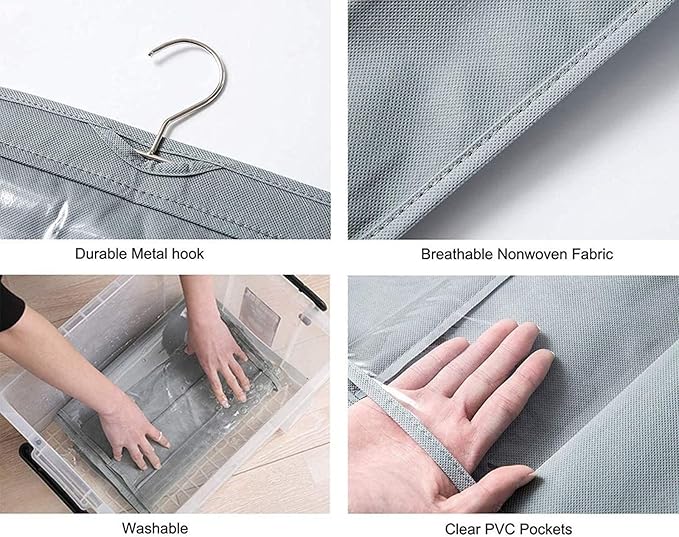 HAN SHENG 6 Pockets Clear Handbag & Purse Organizer Hanging Bag Storage - Space Saving Hanging Shelf for Closet, Wardrobe, Over Door (2 Pack, Grey)