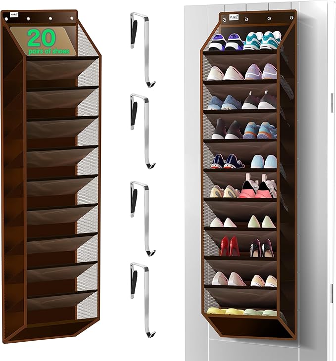 10 Tier Over The Door Organizer - Heavy Duty Hanging Storage Rack with Sturdy Oxford Fabric, Holds 20+ Pairs of Footwear, Boots & Sneakers, Saves 50% Closet Space (Dark Curry)