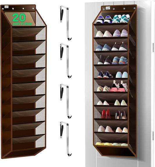 10 Tier Over The Door Organizer - Heavy Duty Hanging Storage Rack with Sturdy Oxford Fabric, Holds 20+ Pairs of Footwear, Boots & Sneakers, Saves 50% Closet Space (Dark Curry)