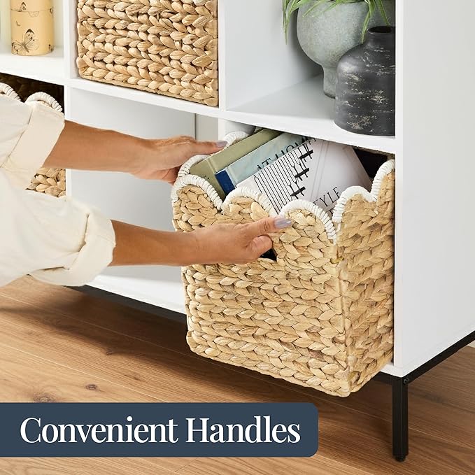 Best Choice Products 10.5x10.5in Scalloped Hyacinth Baskets, Set Of 5 Multipurpose Collapsible Storage Organizer, Handwoven Laundry Totes for Bedroom, Living Room, Shelves – Natural w/White Trim
