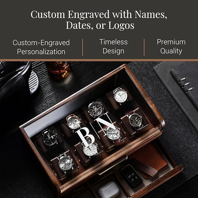 Personalized 8 Slot Wooden Watch Box with Acrylic Lid & Drawer – Engraved Men’s Watch Organizer, Detachable Stands – Luxury Gift for Watch Collector, Groomsmen, Anniversary, Father’s Day