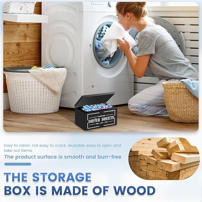 Dryer Sheet Holder with Lid, Wooden Laundry Room Organization and Storage, Large Capacity Softener Sheets Dispenser, Fabric Softener Container for Laundry Room Bathroom (White)