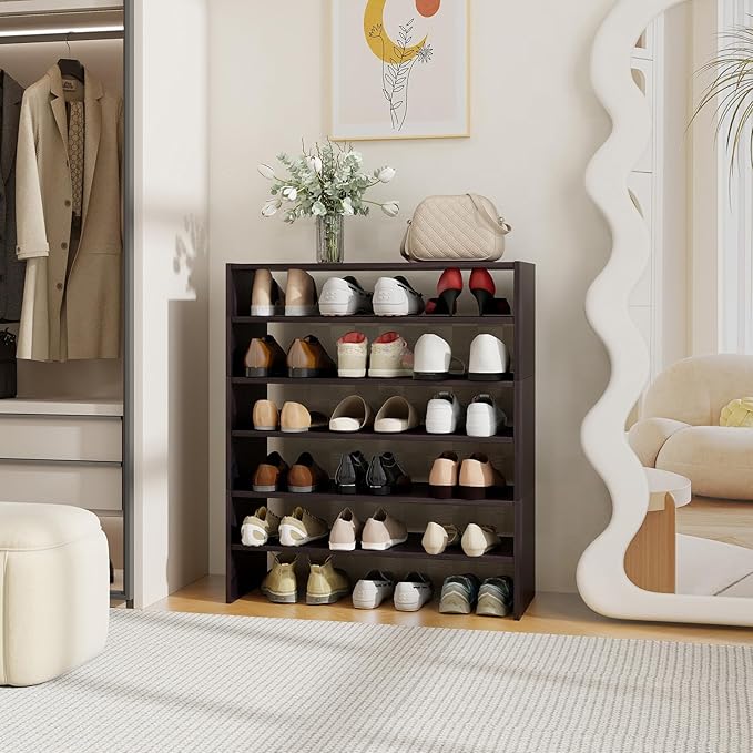 Tangkula Stackble Shoe Rack, Space Saving 6-Tier Corner Shoe Storage Shelf for 18 Pairs, 3-in-1 Adjustable White Shoe Organizer for Front Door Entryway (Coffee)