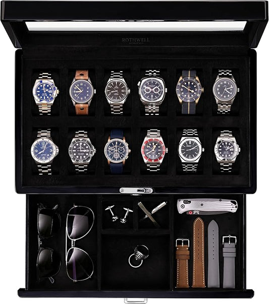 ROTHWELL 12-Slot Piano Black Watch Box with Valet Drawer - Premium Jewelry Display Case Organizer with Locking Glass Top and Microsuede Liner for Men & Women (Black Interior)