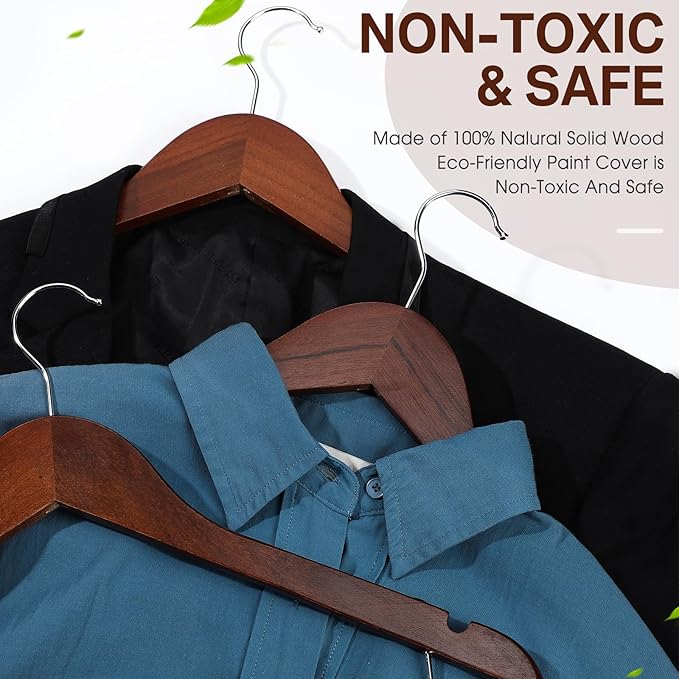 Sieral 30 Pack Wooden Pants Hangers with Clips Solid Wood Skirt Suit Coat Hangers with 2 Adjustable Clips 360 Degree Swivel Hook for Trousers Jeans Slacks Shorts Bottom, 14 Inch(Brown,Classic)