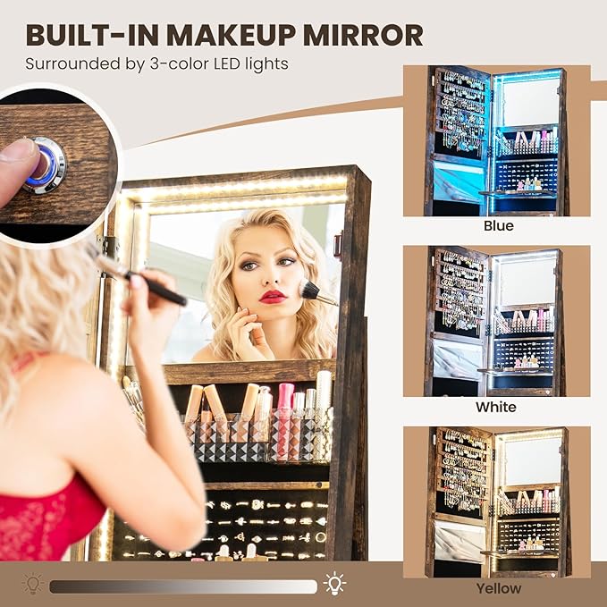 CHARMAID 360° Rotating Jewelry Armoire with LED Lighted Full Length Mirror & Built-in Vanity Mirror, Lockable Standing Jewelry Cabinet with Lights, Large Storage Organizer for Jewelry (Rustic Brown)