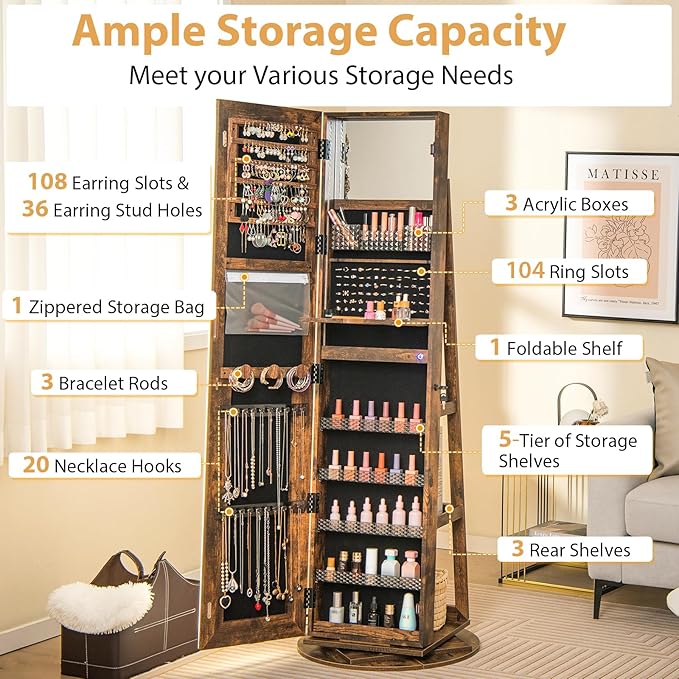 GOFLAME 360° Swivel Jewelry Cabinet Armoire with Full Length Mirror, Standing Jewelry Storage Organizer with Rear Storage Shelves, 3-Color LED Lights, Foldable Shelf, Interior Mirror, Rustic Brown